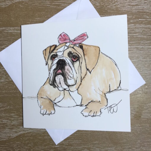 bulldog girl fun cute birthday card pink bow