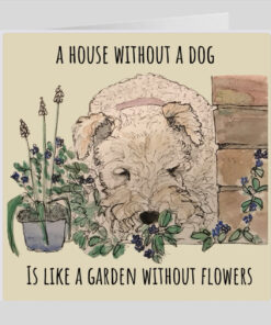 terrier in garden with flowers greeting card cute fun birthday memory