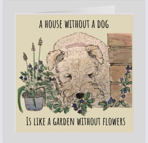 terrier in garden with flowers greeting card cute fun birthday memory