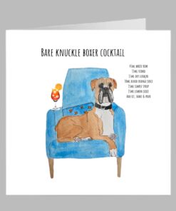 boxer dog bare knuckle cocktail recipe card birthday greeting fun dog cute blue armchair