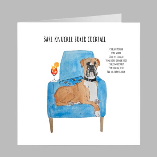 boxer dog bare knuckle cocktail recipe card birthday greeting fun dog cute blue armchair