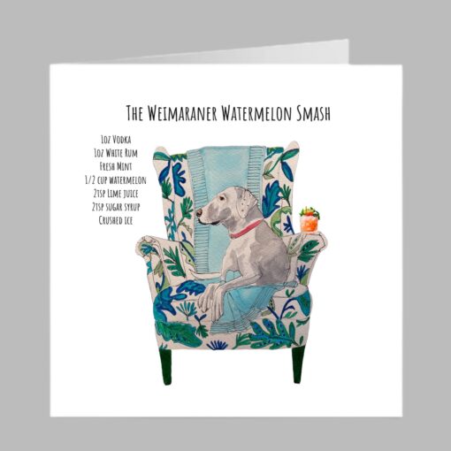 weimaraner dog cocktail armchair greeting card, brithday illustration